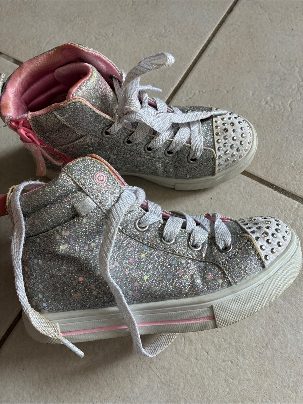 Glitter High-Top Kids Sneakers - Silver with Pink Accents